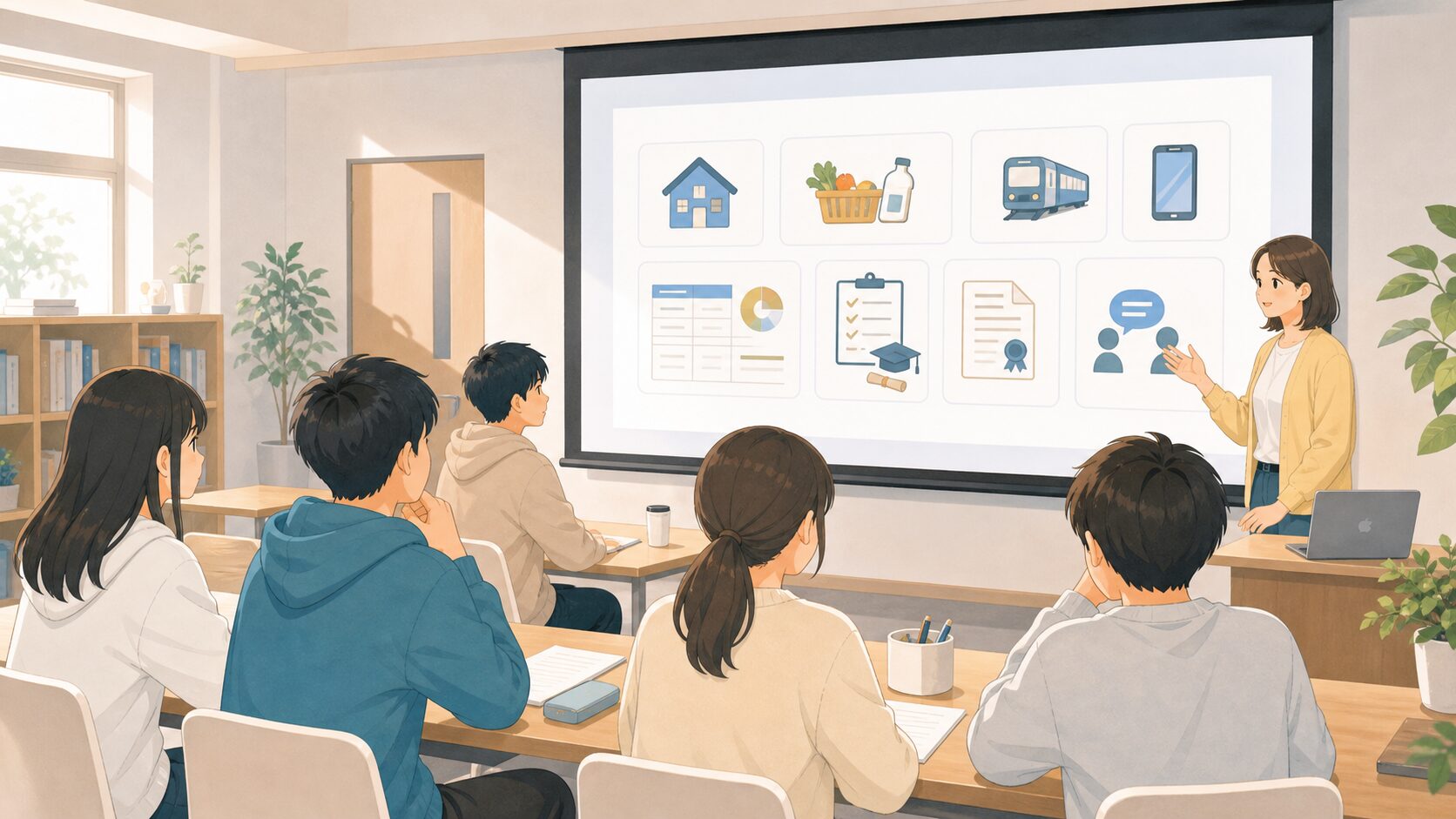 複数の生徒がプロジェクターを見ながらお金の教育講座を受講するイラスト