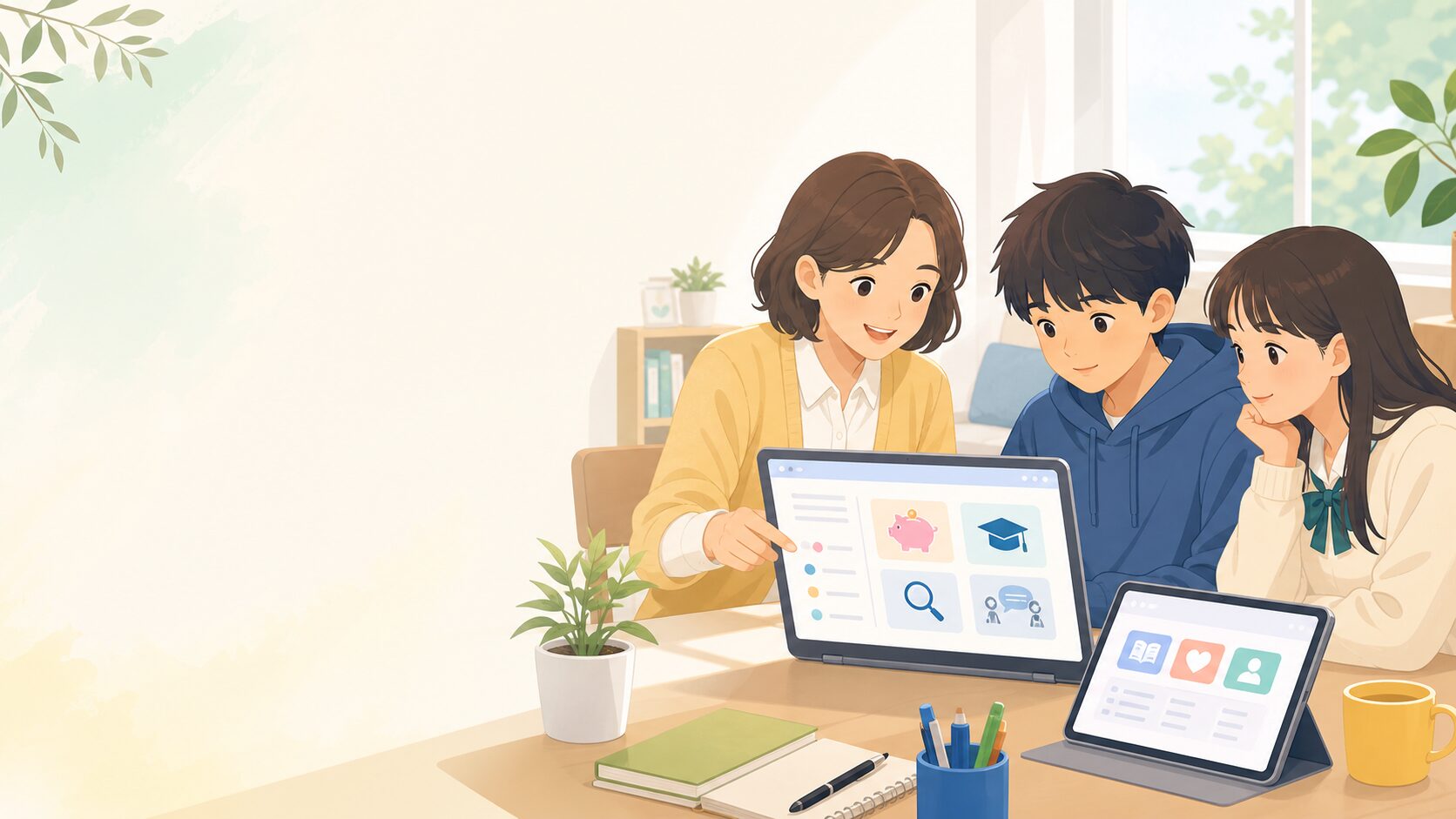 支援者と子どもがタブレットを見ながらお金の学びに取り組むイラスト