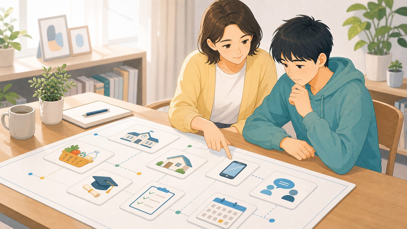 支援者と子どもが自立後に必要なお金の情報を整理するイラスト